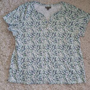 Style & Co Women’s XL Short Sleeve Henley Top Blue Green Geometric Cotton Blend